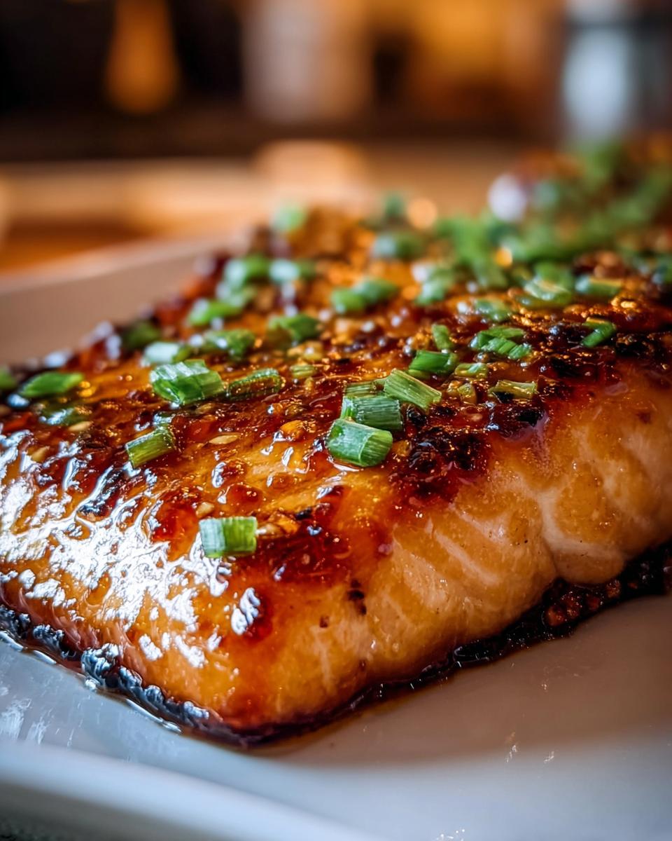 Close-up of a perfectly cooked Crispy Honey Garlic Glazed Salmon fillet topped with chopped green onions.