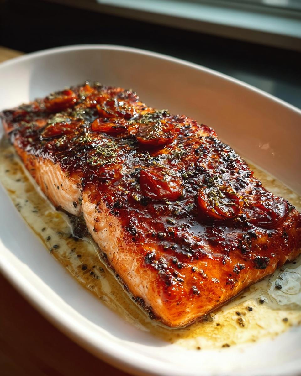 A close-up of a perfectly cooked, Crispy Honey Garlic Glazed Salmon fillet topped with roasted tomatoes and herbs.