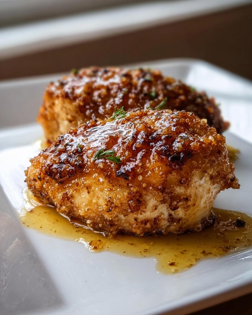 Two Honey Mustard Chicken Breasts with a crispy, glazed finish resting on a white plate with sauce.