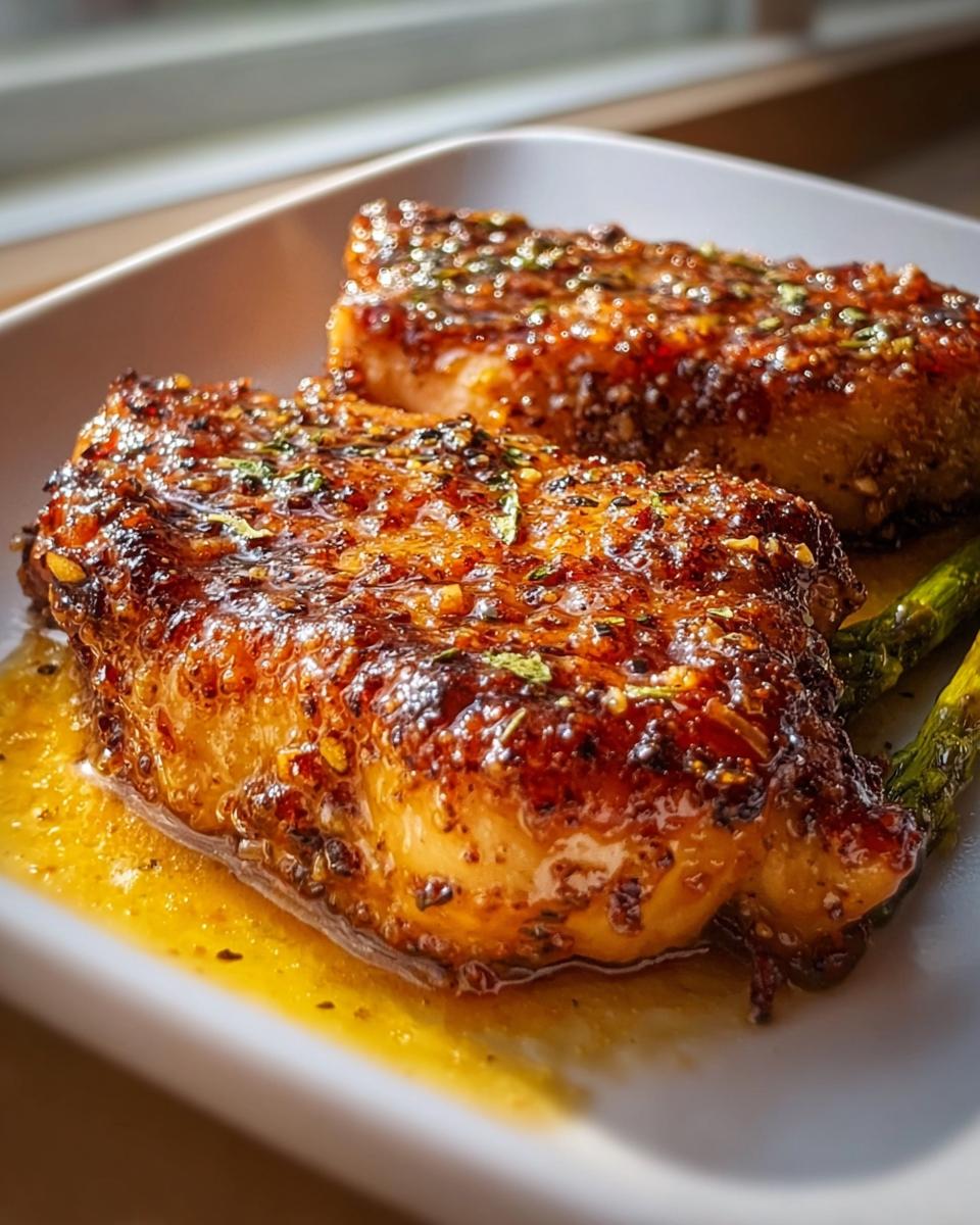 Two Honey Mustard Chicken Breasts with a crispy, glazed finish served with asparagus.