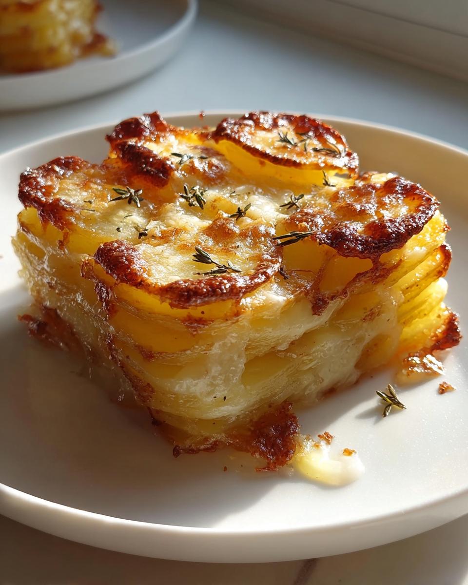 A serving of crispy potato recipe, layered and baked with a golden-brown, cheesy crust, garnished with thyme.