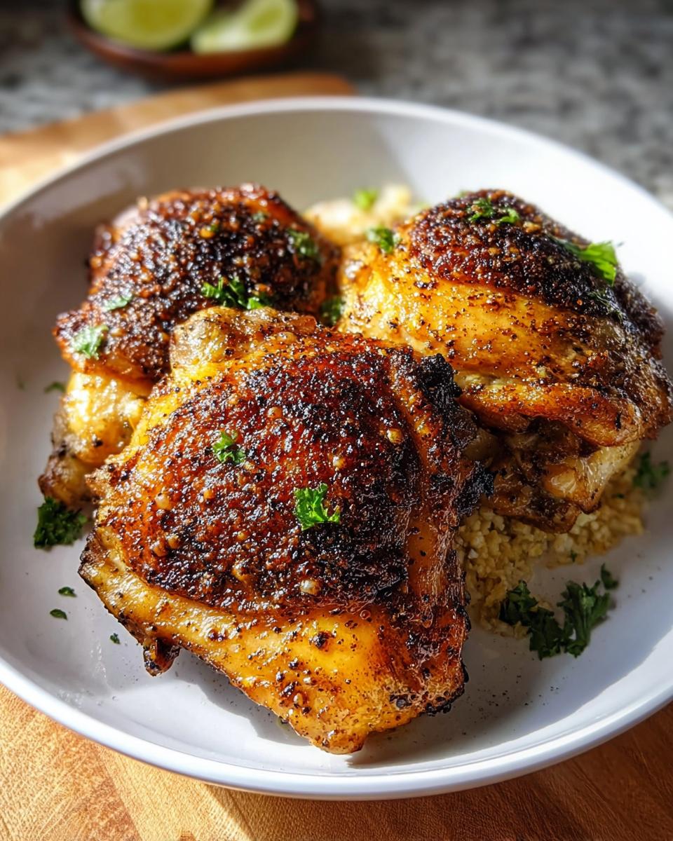 Three crispy, perfectly seasoned Restaurant-Style Chicken Thigh Recipes at Home served over grains.