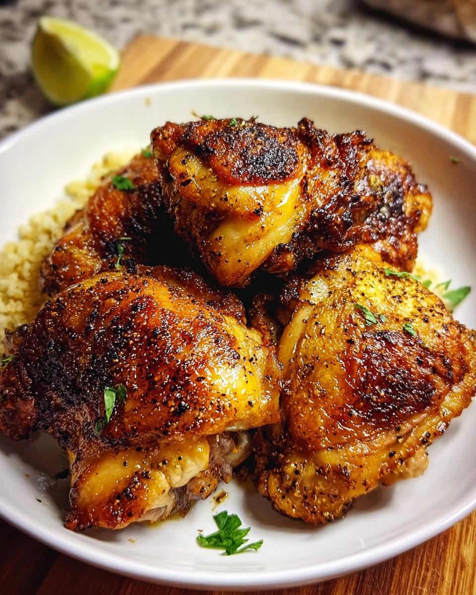 Four perfectly cooked, crispy Restaurant-Style Chicken Thigh Recipes at Home served over rice with a lime wedge garnish.