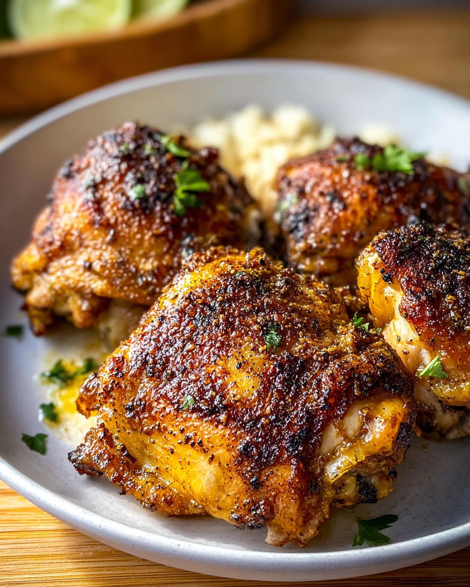 Four perfectly cooked, crispy Restaurant-Style Chicken Thigh Recipes at Home served on a plate with rice.