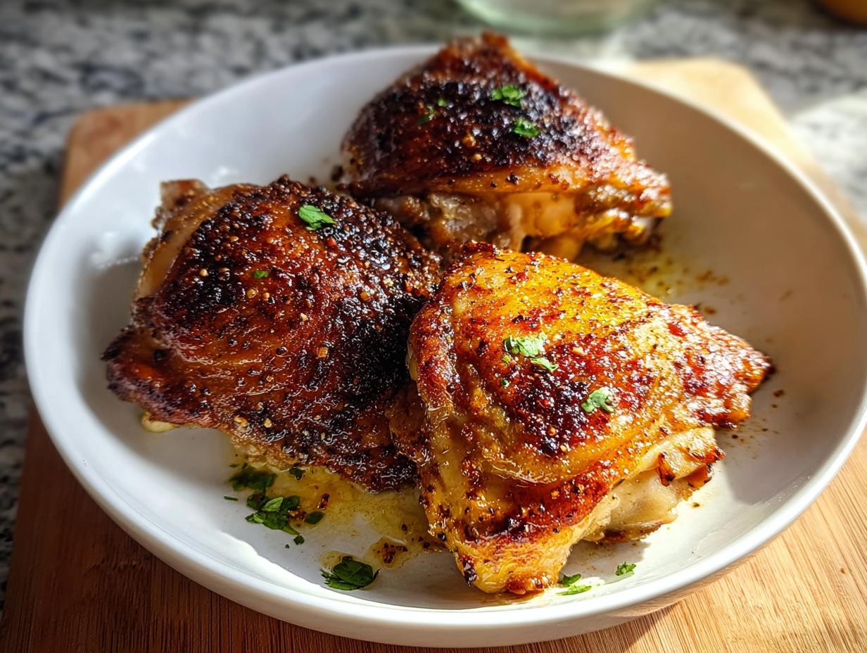 Three perfectly cooked, crispy-skinned chicken thighs seasoned with spices, served in a white bowl.