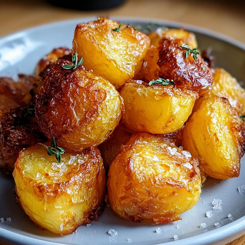 Close-up of golden brown, crispy roast potatoes sprinkled with sea salt and thyme sprigs.