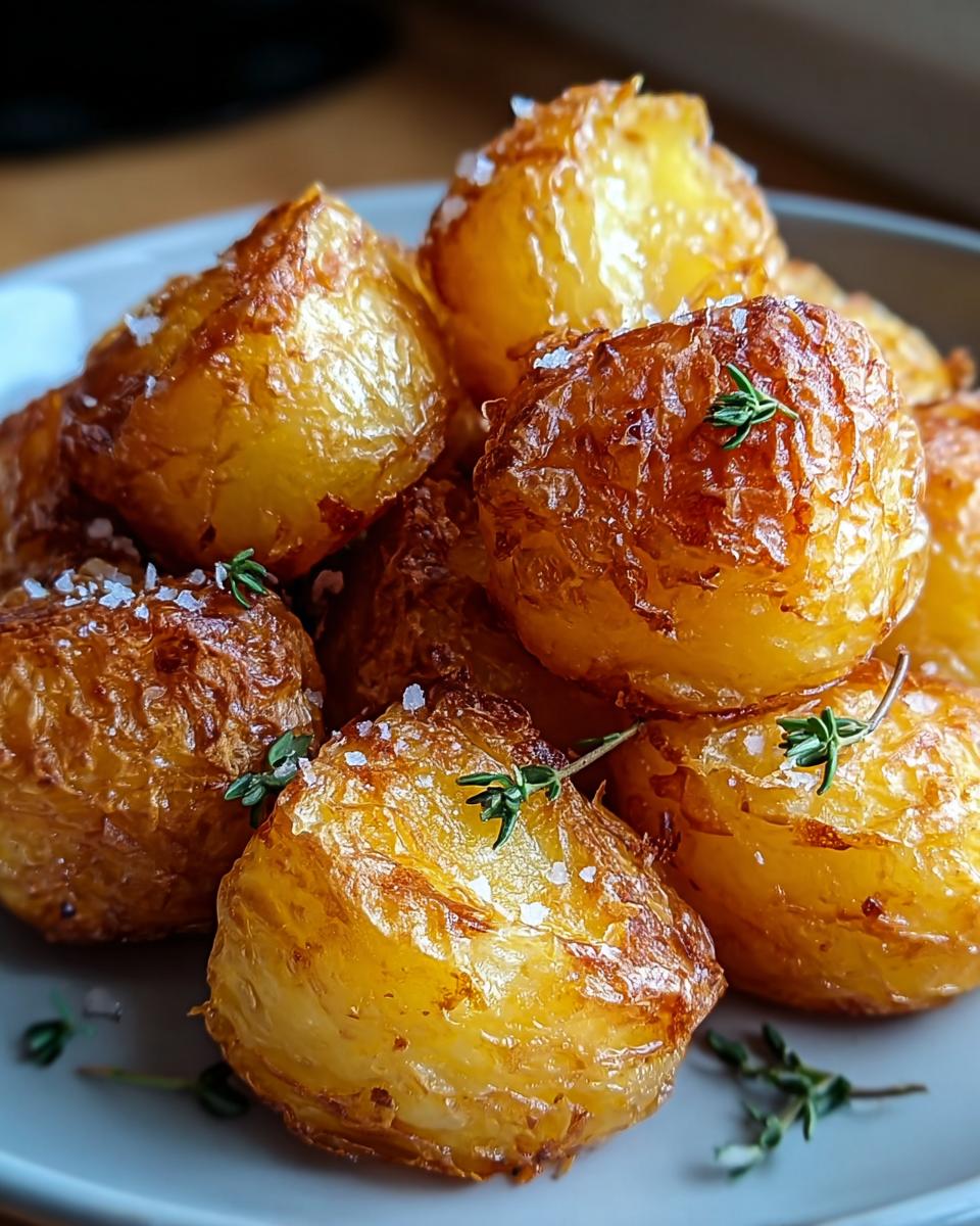 Close-up of golden, crispy roast potatoes sprinkled with sea salt and garnished with fresh thyme sprigs.