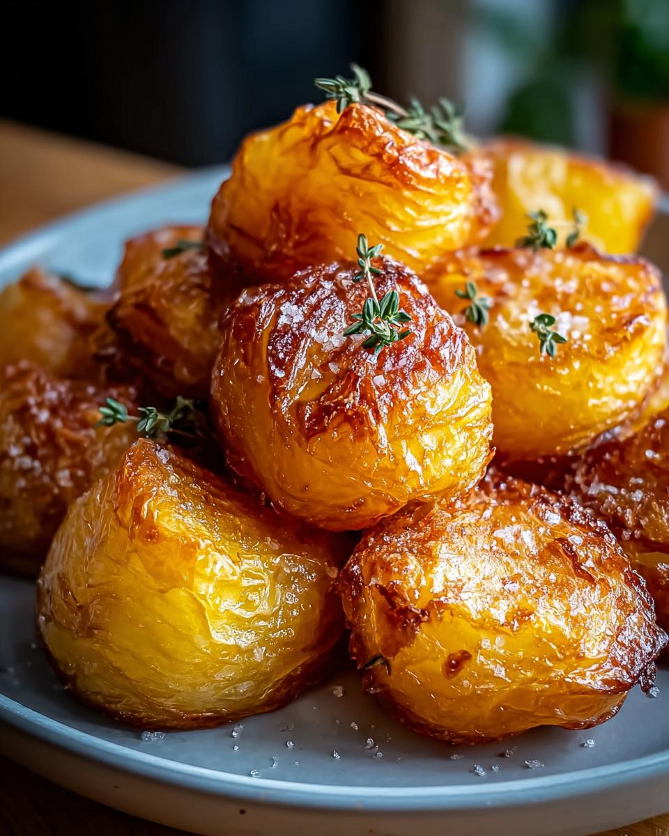 Close-up of golden, crispy roast potatoes sprinkled with sea salt and garnished with fresh thyme sprigs.