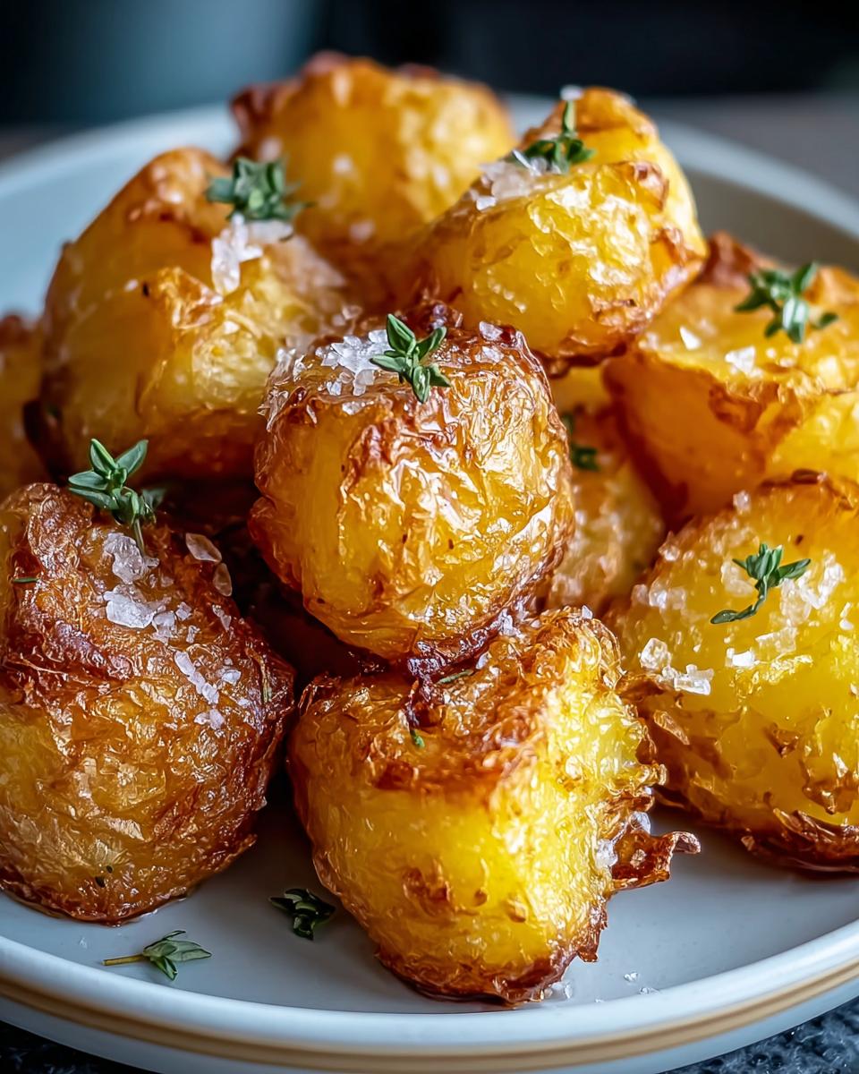 Close-up of golden, crispy roast potatoes sprinkled with sea salt and fresh thyme sprigs.