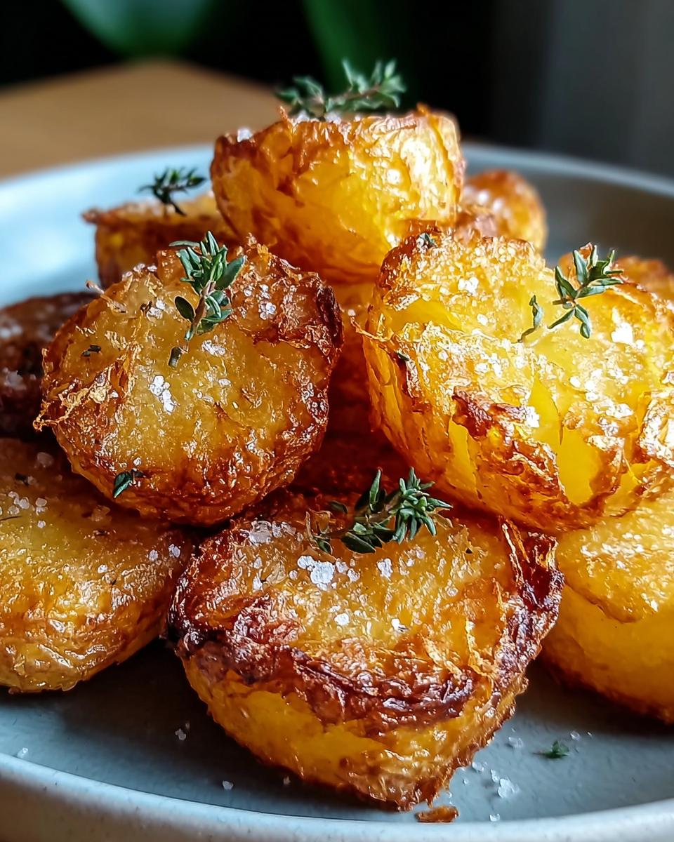 Close-up of golden, crispy roast potatoes sprinkled with sea salt and garnished with fresh thyme sprigs.