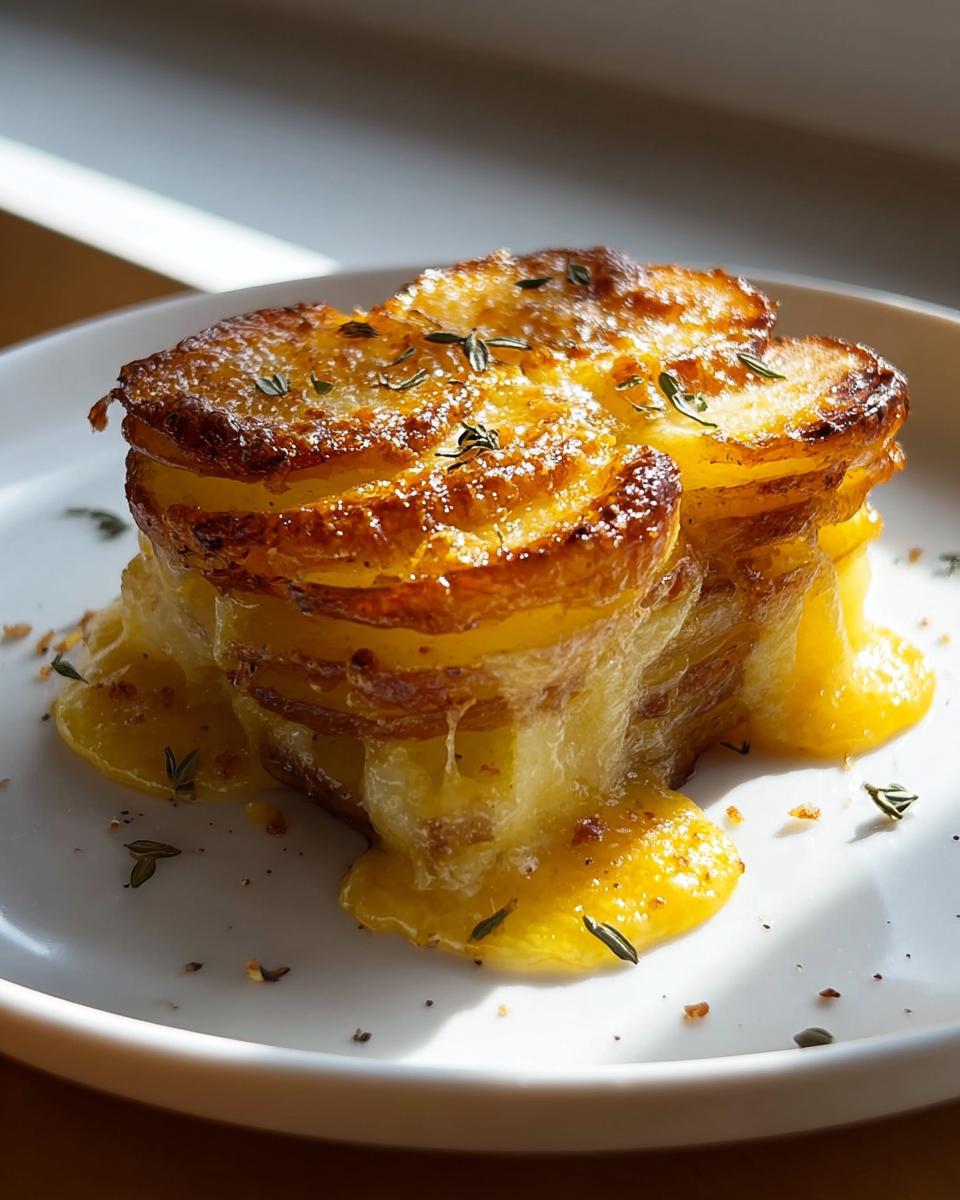 A stack of crispy roast potatoes layered with melted cheese, garnished with thyme.