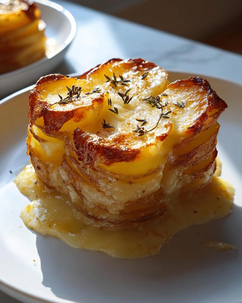 A stack of crispy, golden brown, layered roast potatoes topped with fresh thyme sprigs, sitting in a pool of creamy sauce.