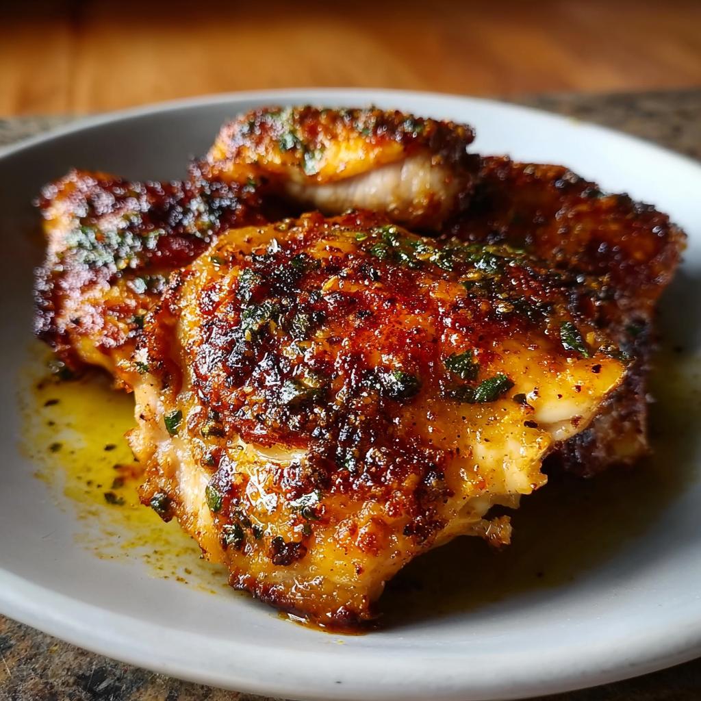 Close-up of perfectly cooked, crispy skin Chicken Thigh Recipes coated in spices and herbs, resting in pan juices.