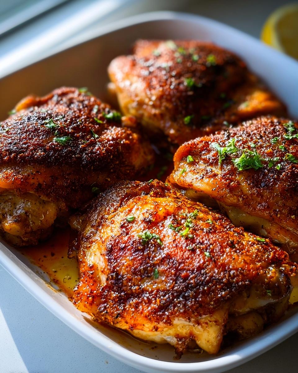Four perfectly baked, crispy chicken thighs with a dark spice rub, garnished with parsley.