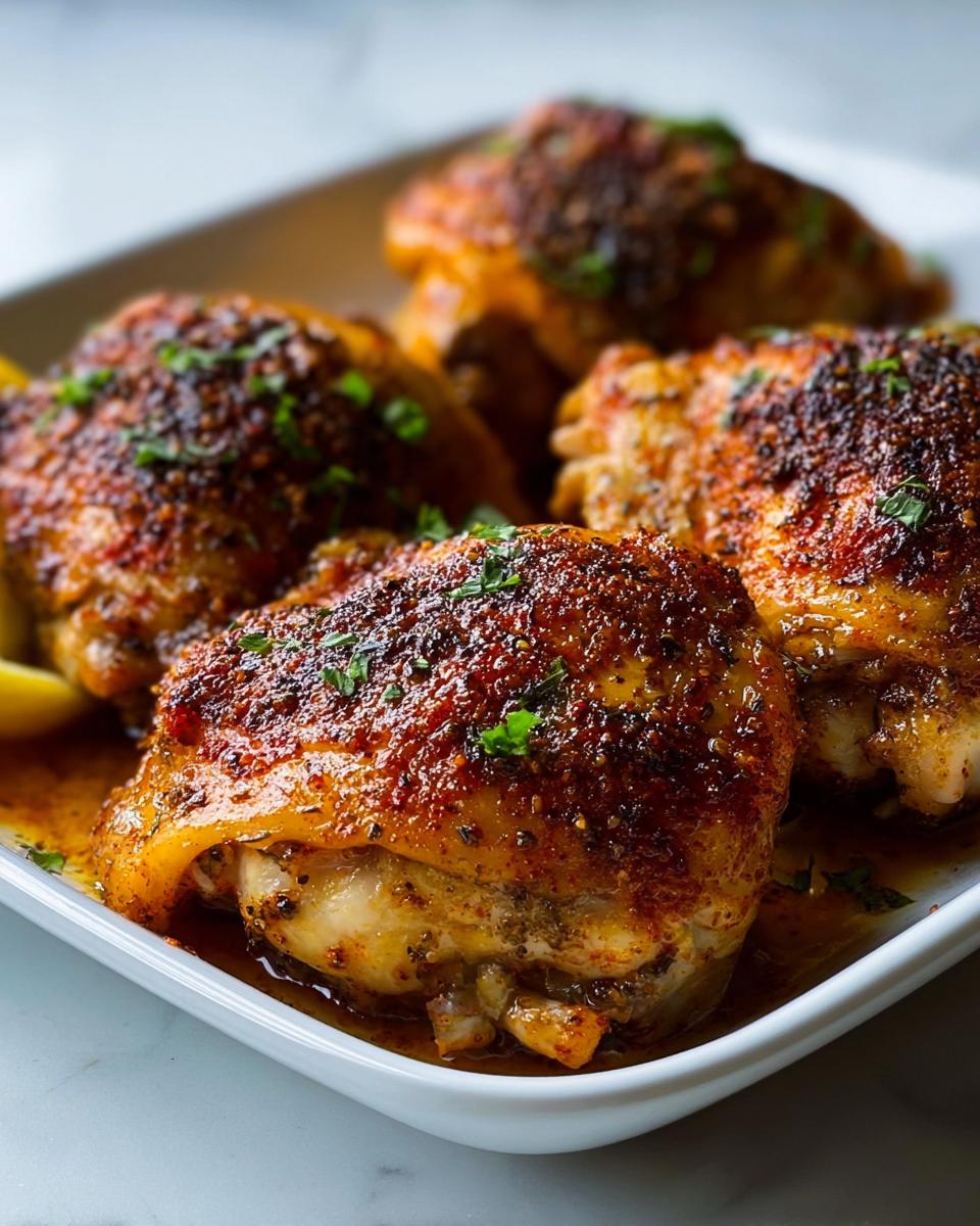 Close-up of four perfectly cooked, crispy skin chicken thighs seasoned with spices, part of 20-Ingredient Chicken Thigh Recipes.