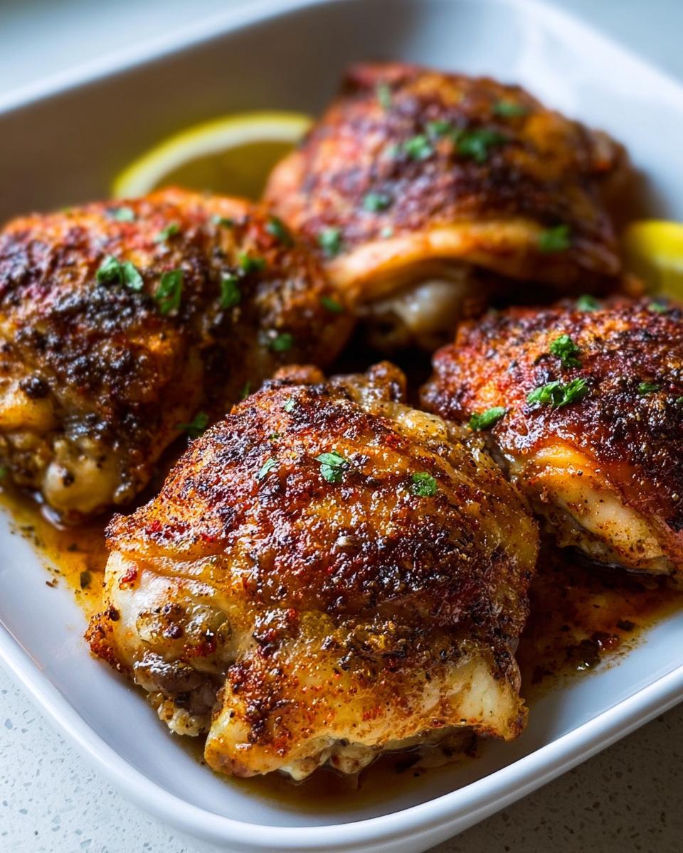 Four perfectly cooked, crispy and seasoned chicken thighs served in a white dish with lemon slices.