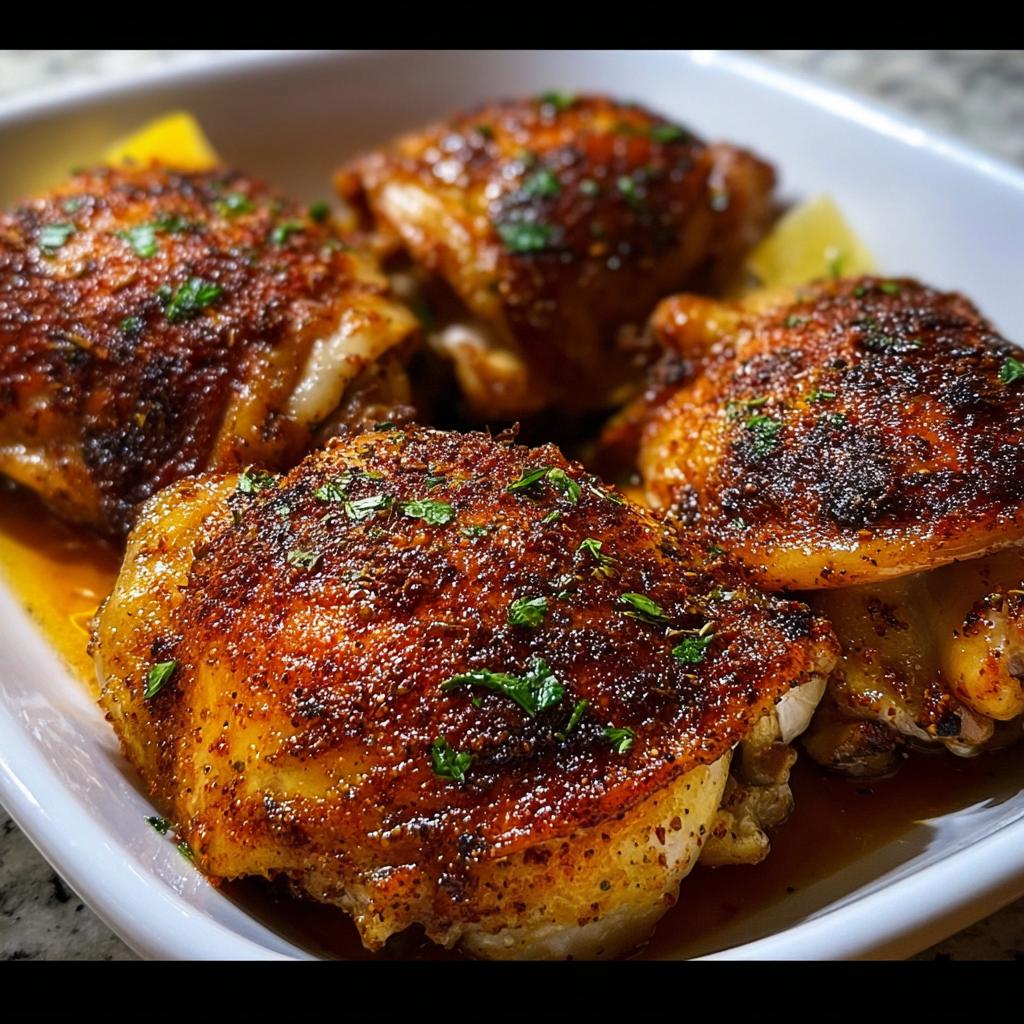 Four perfectly cooked, crispy skin chicken thighs seasoned with spices and garnished with parsley.