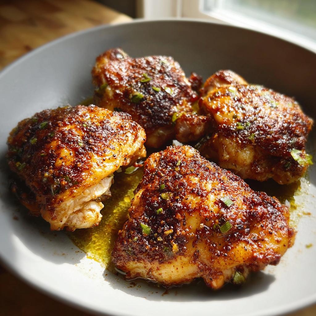 Four pieces of crispy, seasoned chicken thighs resting in oil in a grey bowl, perfect for Chicken Thigh Recipes Meal Prep.