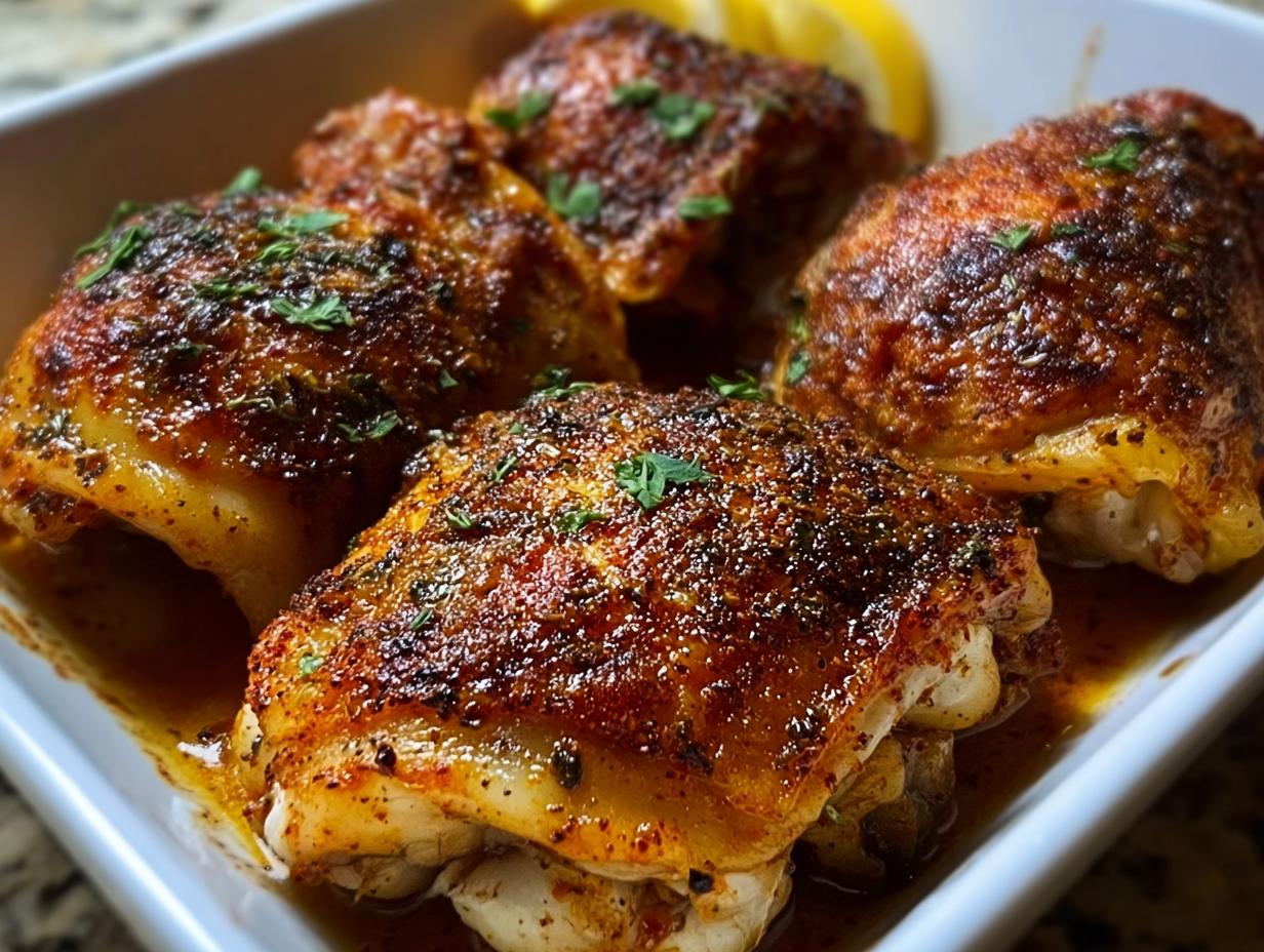 Four perfectly cooked, crispy skin chicken thighs seasoned with spices, sitting in a white dish.