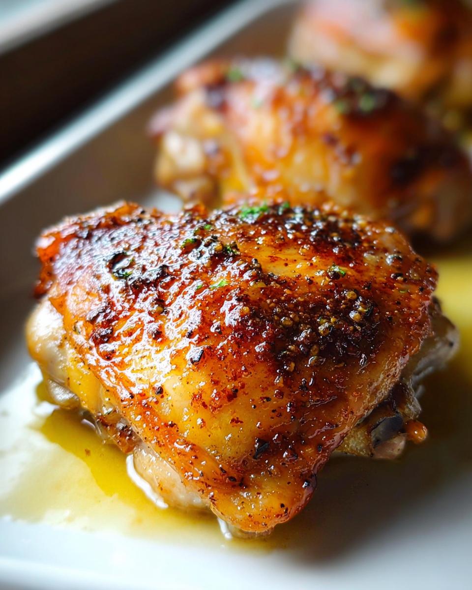 Close-up of a perfectly cooked, crispy skin chicken thigh with seasoning, resting in pan juices.