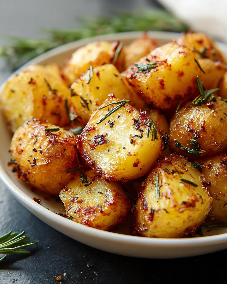 Close-up of golden roasted Parmesan Potatoes with Garlic & Herbs in a white bowl.
