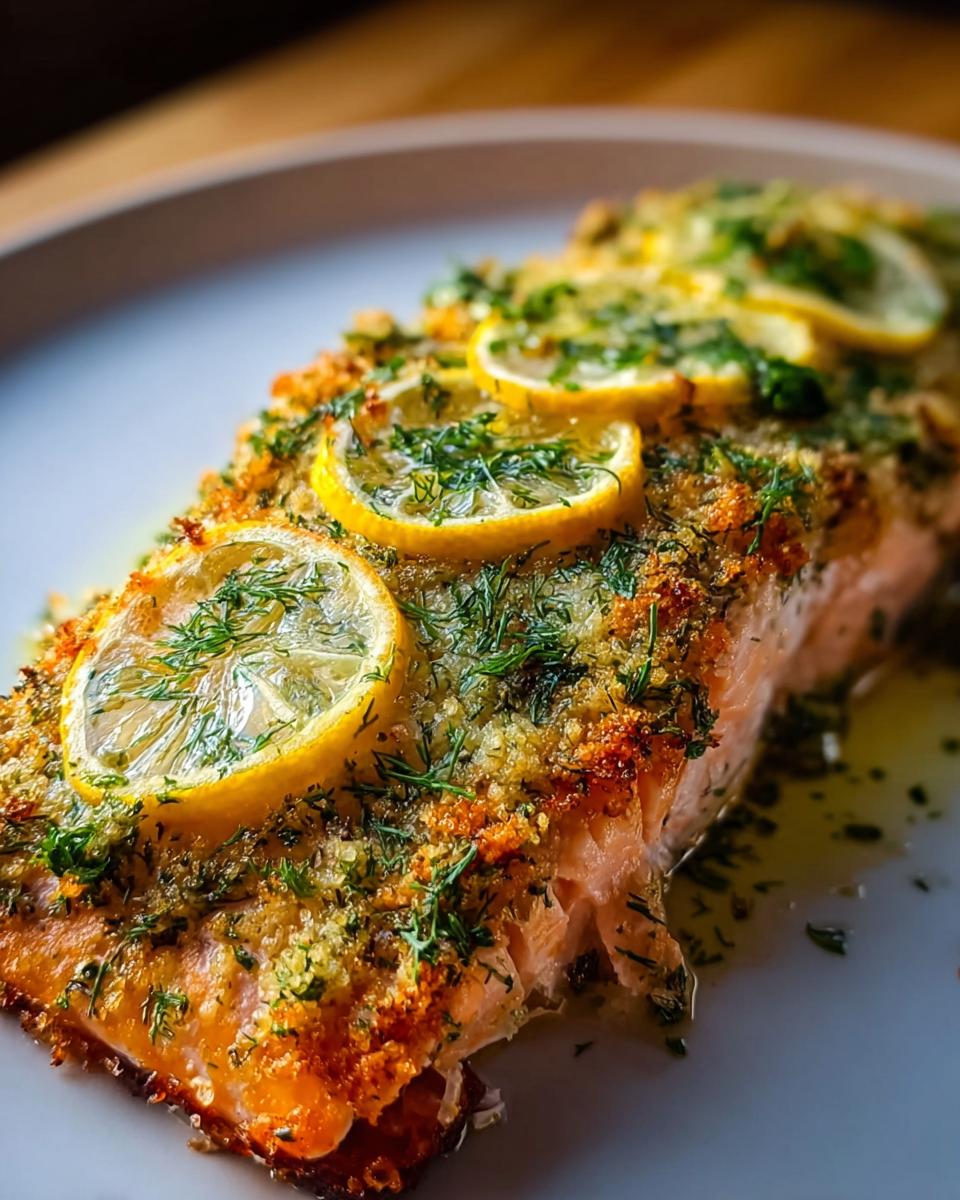 Close-up of perfectly baked salmon topped with a crispy crust, fresh dill, and thin lemon slices.