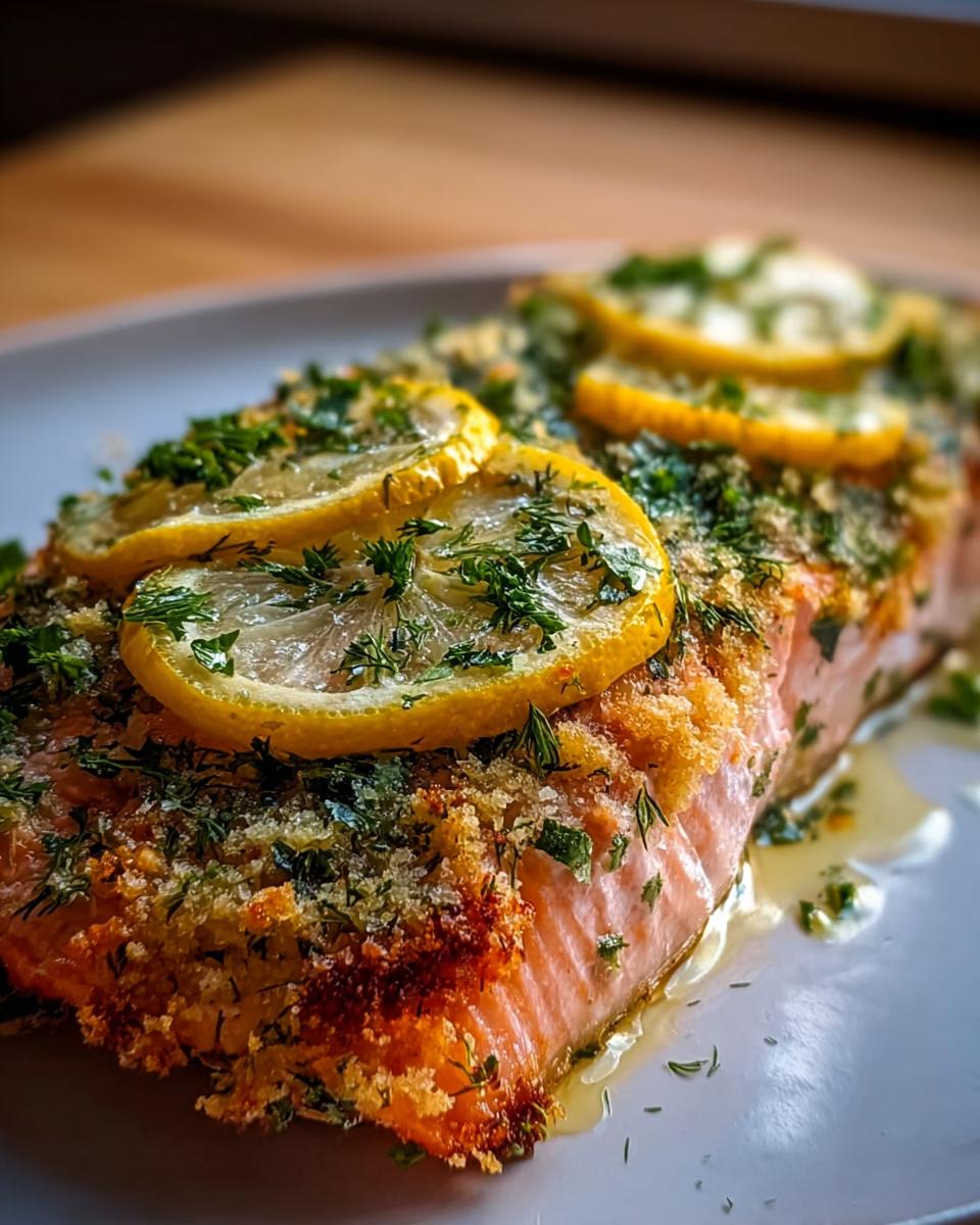 Close-up of perfectly baked salmon topped with lemon slices, herbs, and a golden crust.