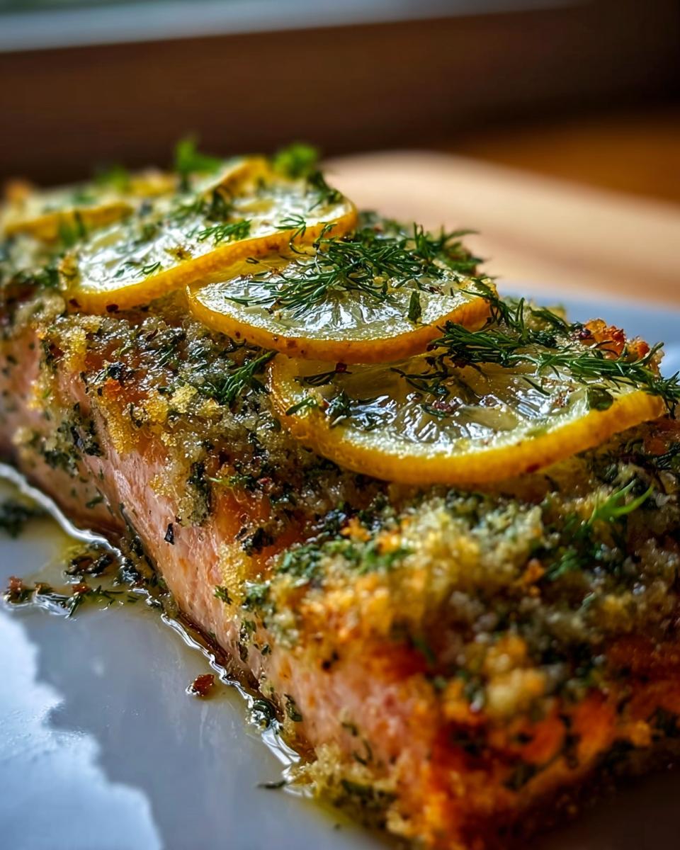 Close-up of a perfectly baked salmon fillet topped with lemon slices, fresh dill, and a herb crust.