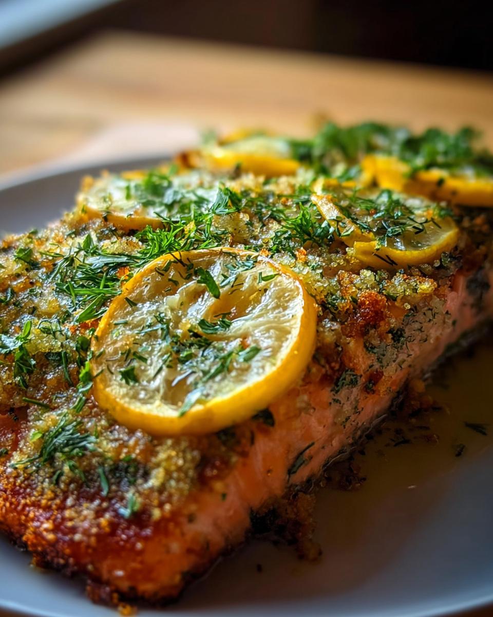 Close-up of perfectly baked salmon fillet topped with lemon slices, herbs, and a crispy crust.