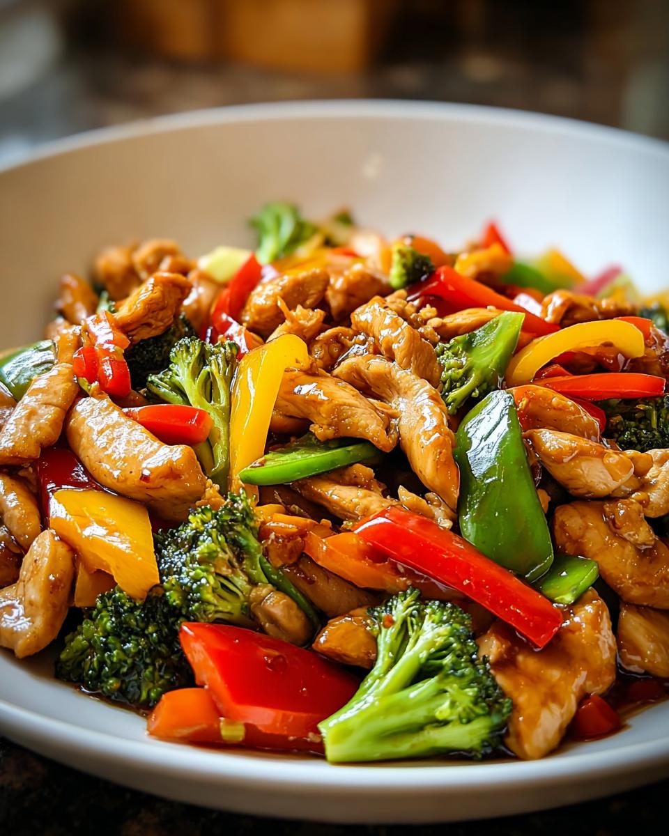 Close-up of glossy, saucy Easy Chicken Stir Fry with bright red, yellow, and green bell peppers and broccoli florets.
