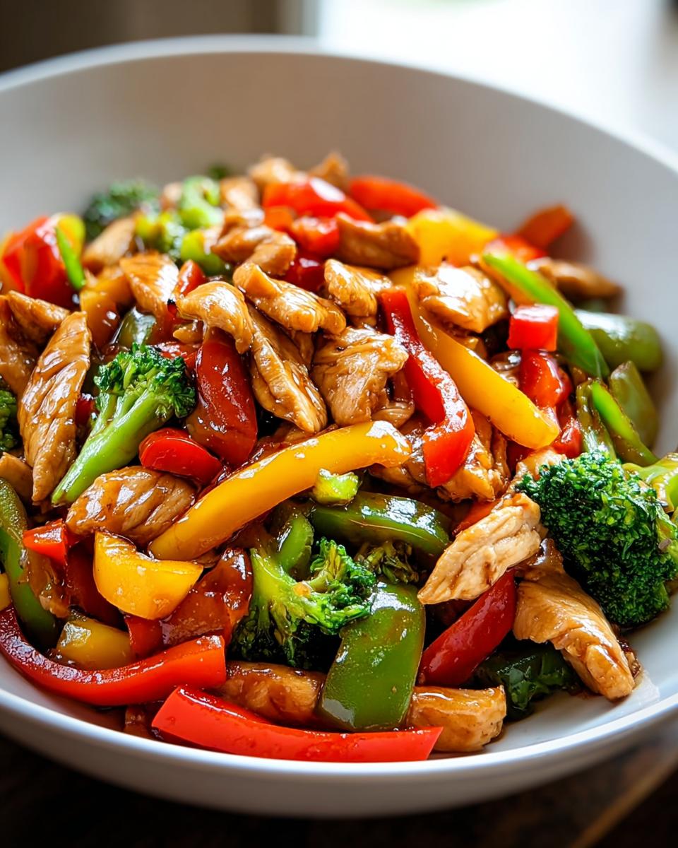 A close-up of Easy Chicken Stir Fry with colorful bell peppers, broccoli florets, and glazed chicken pieces in a white bowl.