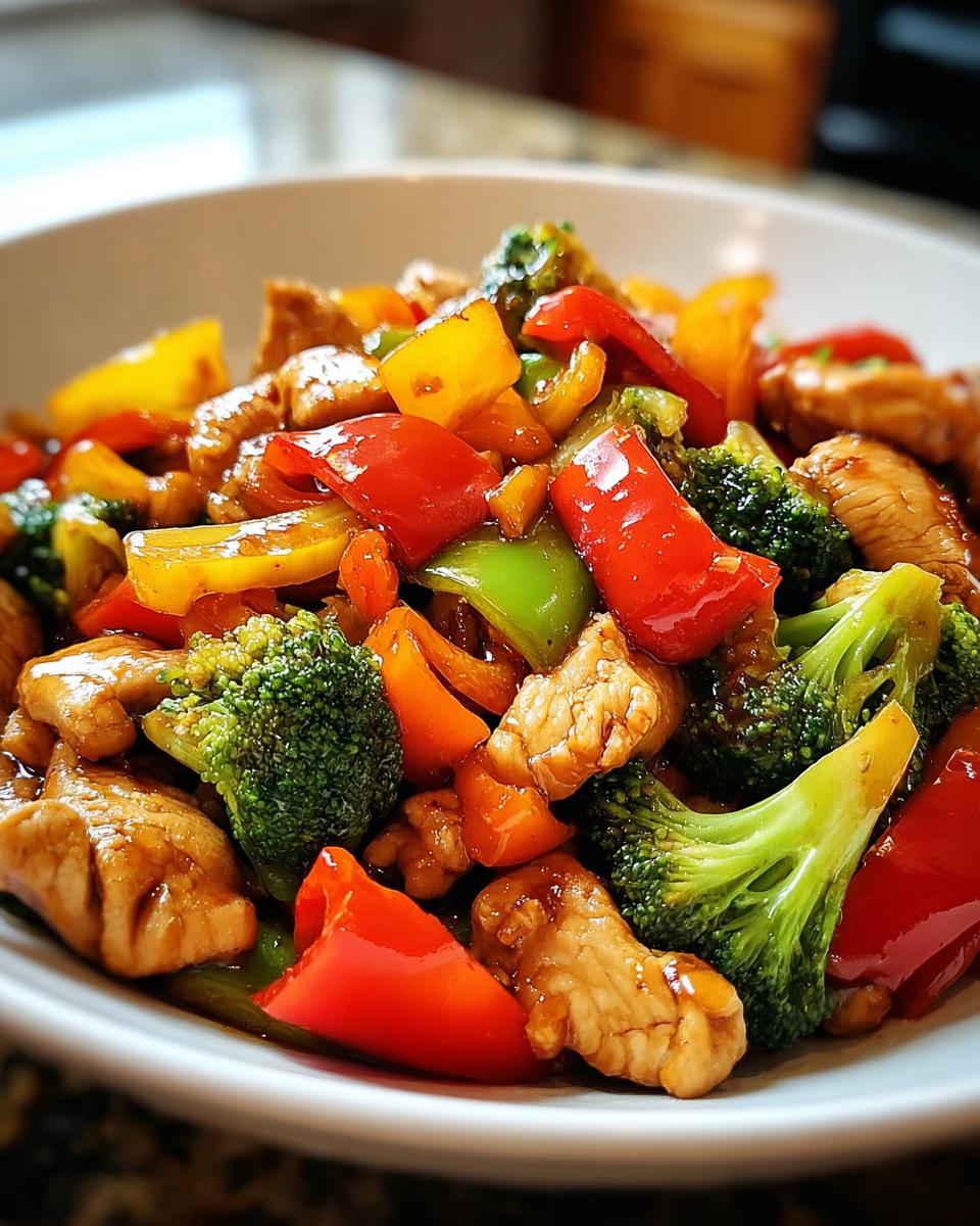Close-up of a white bowl filled with Easy Chicken Stir Fry with colorful bell peppers and broccoli florets coated in sauce.