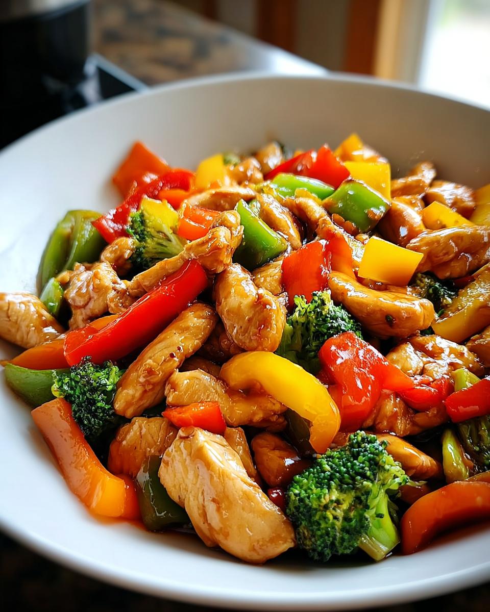 A close-up shot of Easy Chicken Stir Fry with Colorful Veggies, featuring glossy chicken pieces mixed with red, yellow, and green bell peppers and broccoli florets.