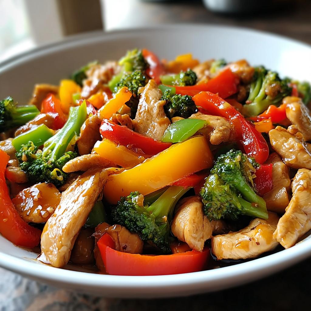 Close-up of Easy Chicken Stir Fry with Colorful Veggies, featuring sliced chicken, broccoli, and bright red and yellow bell peppers.