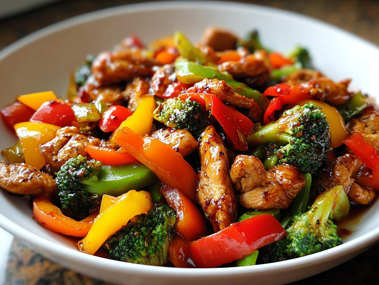 Close-up of Easy Chicken Stir Fry with Colorful Veggies, featuring glazed chicken pieces and bright bell peppers and broccoli.