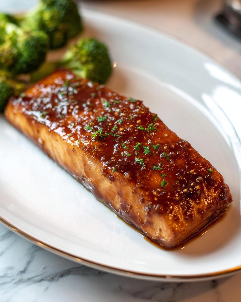 A perfectly cooked, glazed salmon fillet served with steamed broccoli, showcasing the Best Easy Healthy Baked Salmon Recipe.