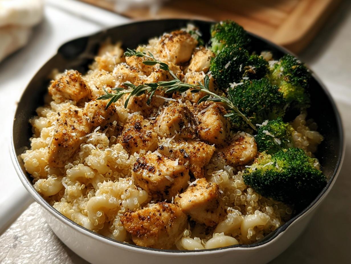 A skillet meal featuring seasoned chicken pieces, quinoa, and bright green broccoli, perfect for Easy High-Protein Meals.