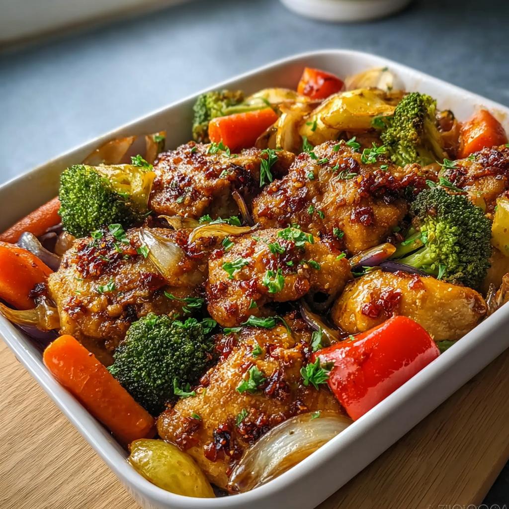 Sheet pan of glazed chicken pieces surrounded by roasted broccoli, carrots, and onions, perfect for Easy Meal Prep Recipes for a Healthy Week.