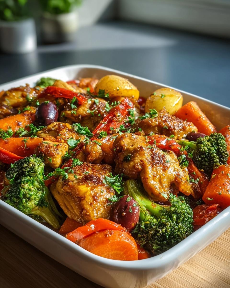 Close-up of a baked chicken and vegetable dish with broccoli, carrots, and potatoes, perfect for Easy Meal Prep Recipes for a Healthy Week.
