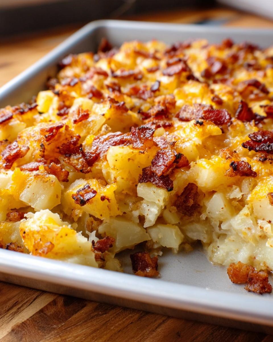 Close-up of Easy Mississippi Mud Potatoes casserole topped with melted cheese and crispy bacon bits in a baking dish.