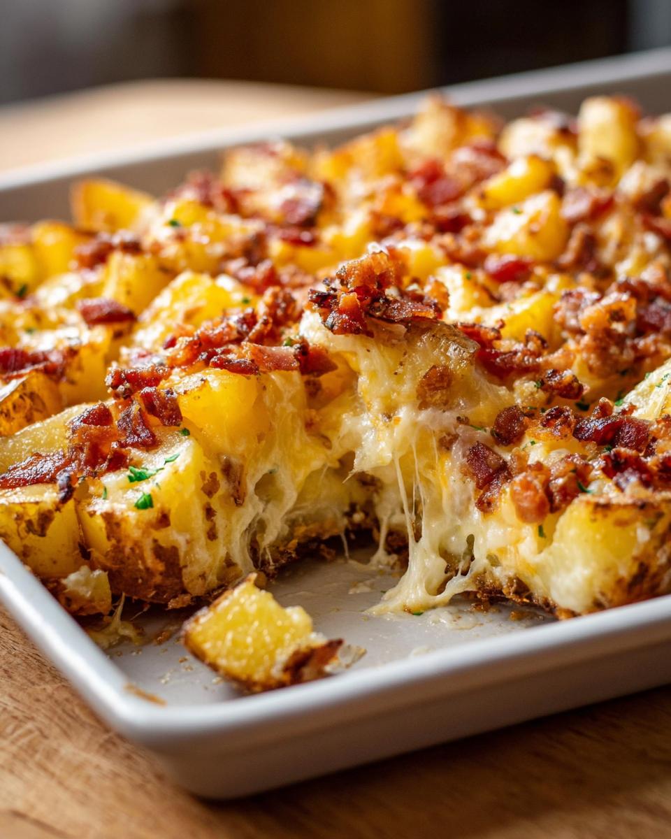Close-up of Easy Mississippi Mud Potatoes baked in a dish, featuring melted cheese pull and crispy bacon bits.