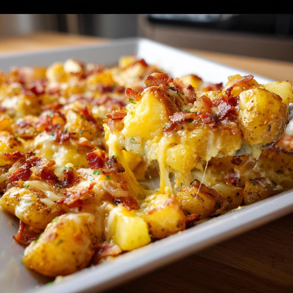 A spoonful of Easy Mississippi Mud Potatoes showing melted cheese pull, topped with bacon bits.