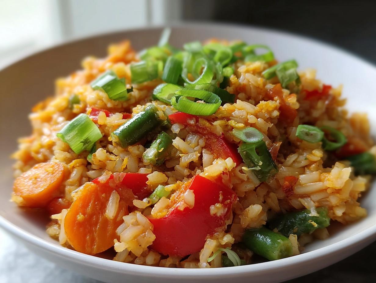 Close-up of vegetable fried rice with carrots, peppers, green beans, and scallions, perfect for Clean Eating Dinner Recipes Made Easy.