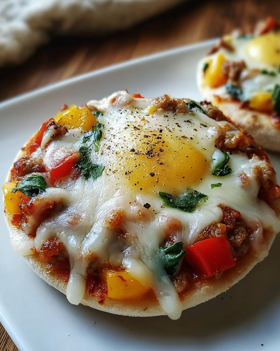 Close-up of an English muffin breakfast pizza topped with a baked egg, melted cheese, peppers, and herbs.