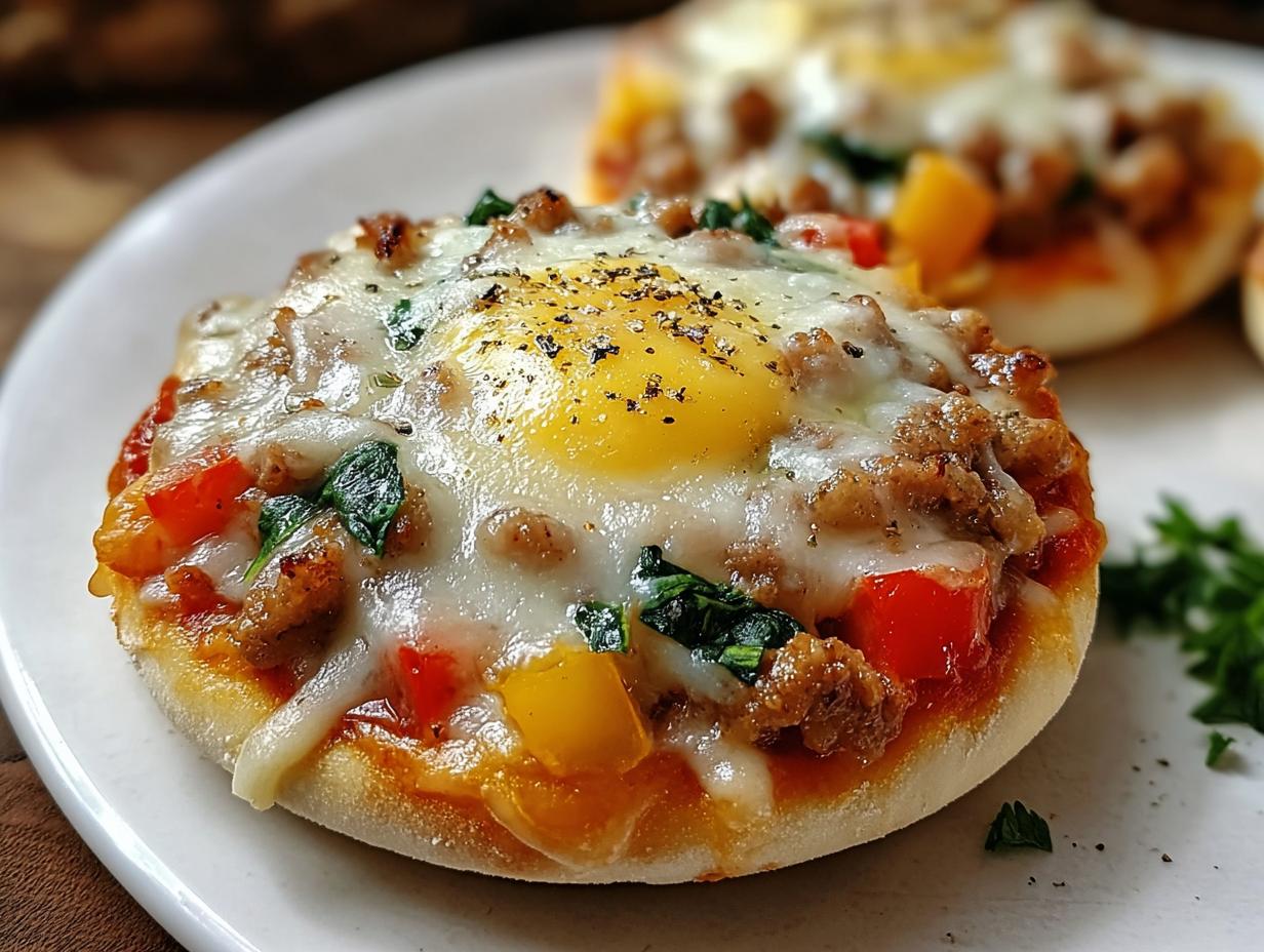 Close-up of an English muffin breakfast pizza topped with egg, sausage, peppers, and melted cheese.