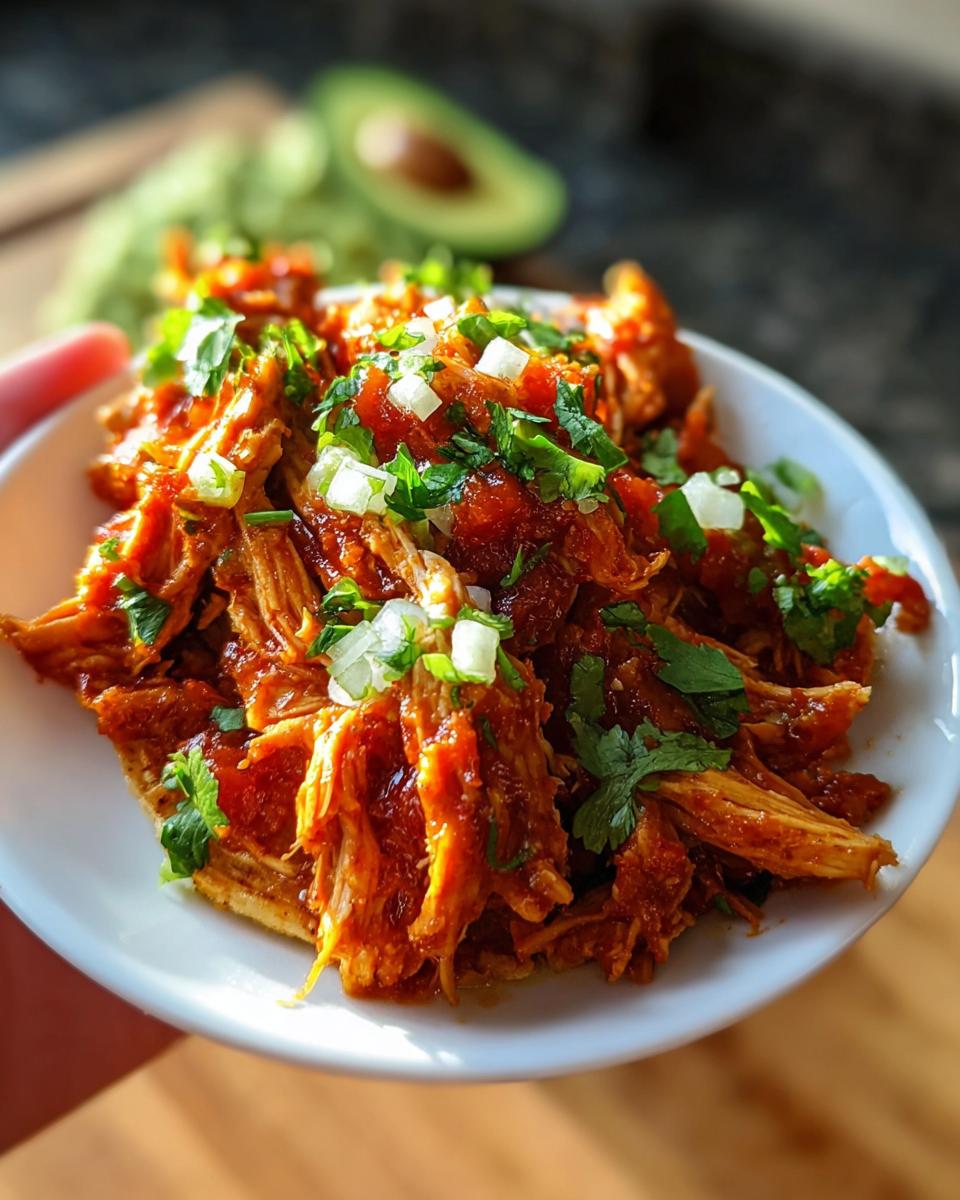 A white bowl filled with shredded Fast Salsa Chicken, topped with fresh cilantro and diced white onion.