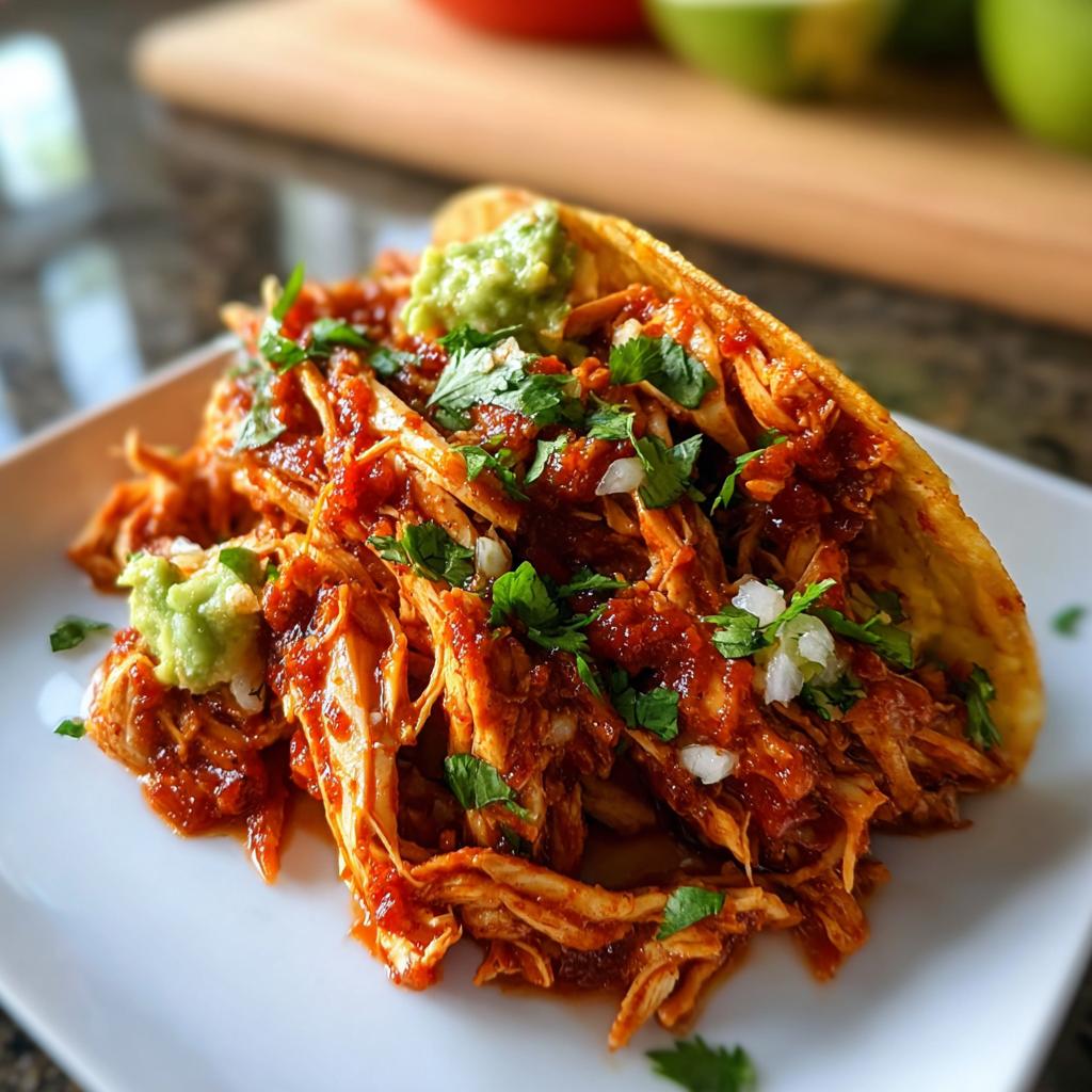 A crispy taco shell overflowing with Fast Salsa Chicken, topped with guacamole and fresh cilantro.