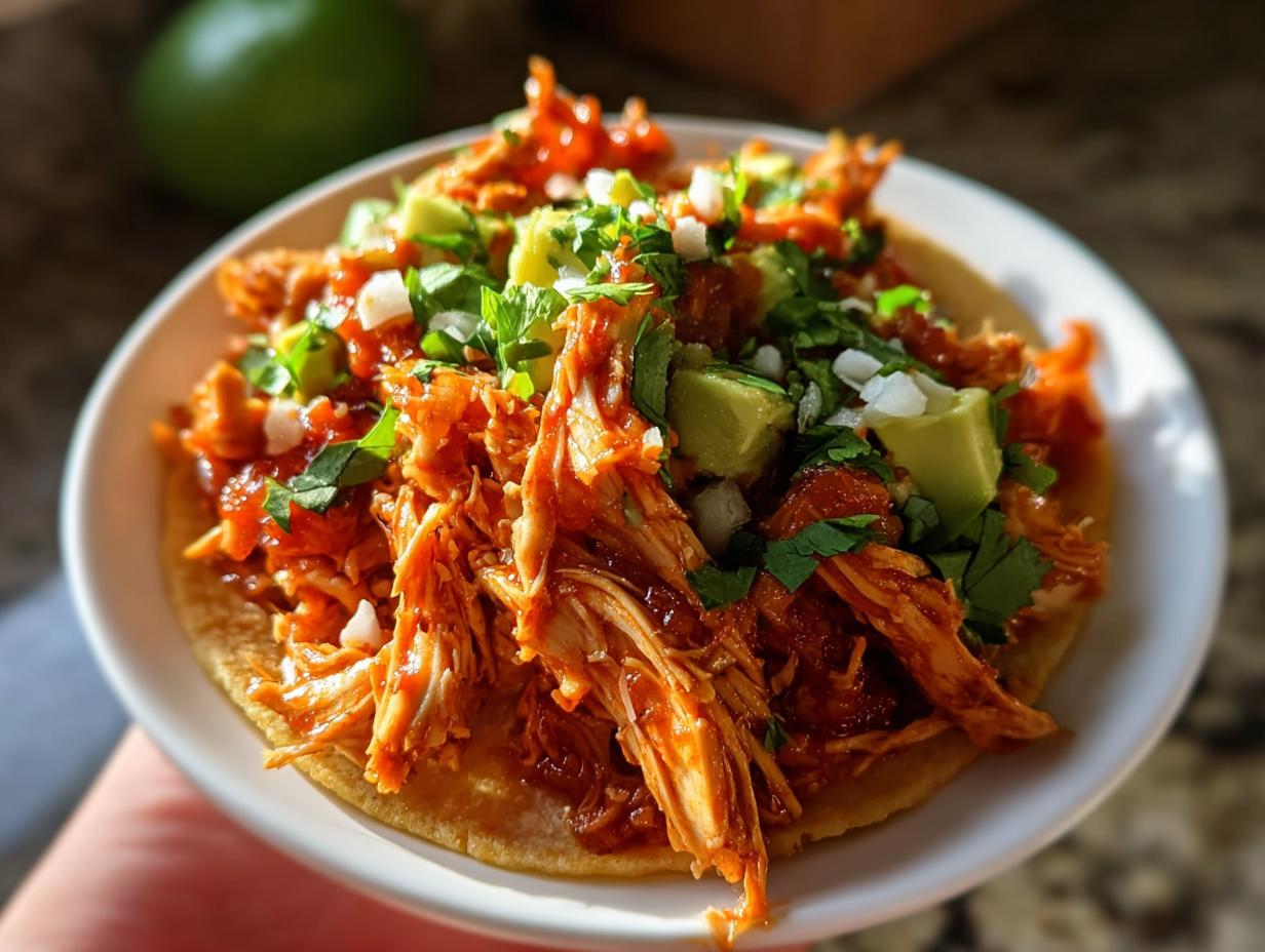 A close-up of shredded Fast Salsa Chicken piled high on a corn tortilla, topped with avocado, onion, and cilantro.