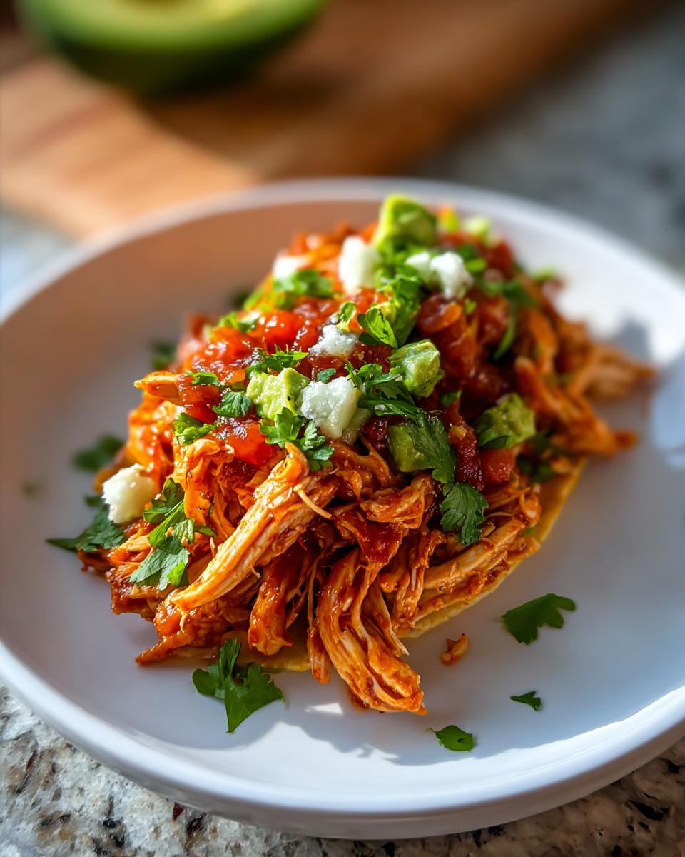 Shredded Fast Salsa Chicken piled high on a tortilla, topped with avocado, salsa, and cotija cheese.
