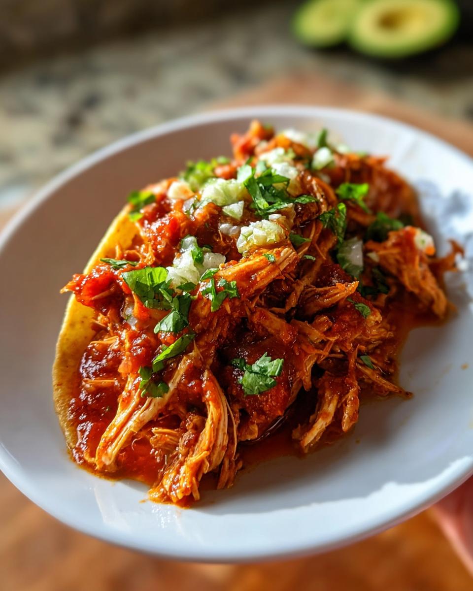 Shredded Fast Salsa Chicken served open-faced on a tortilla, topped with diced onion and cilantro.